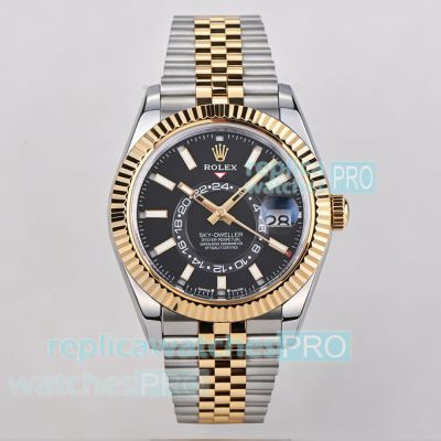ES Factory Super Replica Rolex Sky-Dweller World Timer Two-Tone Black Dial Jubilee Watch 